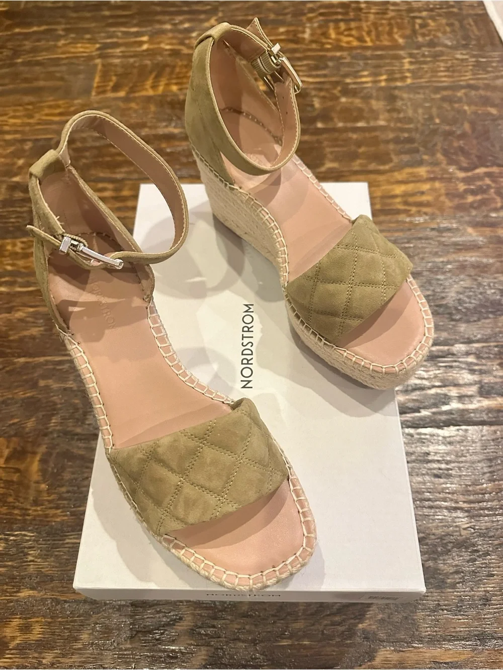 Nordstrom Olive Green Quilted Ankle-Strap Wedge Espadrilles